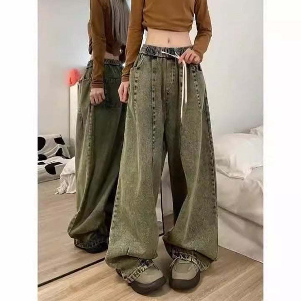Women pants baggy Jeans Elastic Waist Denim Wide Leg